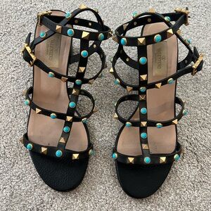 Valentino Rockstud Heeled Sandal | Black w/ Gold & Turquoise Studs | 38.5